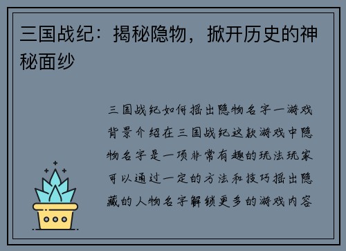 三国战纪：揭秘隐物，掀开历史的神秘面纱